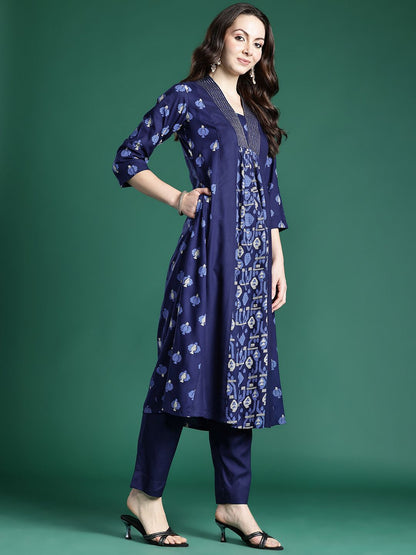 Indyancart IE Floral Printed Panelled Pure Cotton Kurta with Trousers & Dupatta