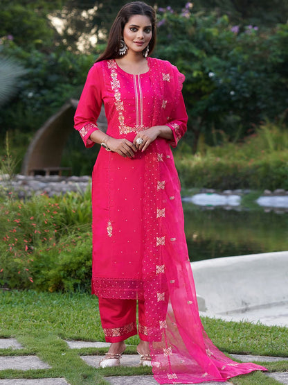 Indyancart IE Floral Embroidered Regular Thread Work Kurta With Trousers & Dupatta