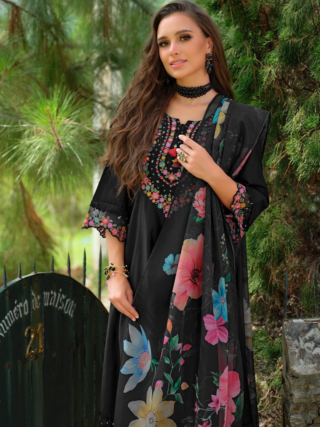 Floral Embroidered Tieup Neck Liva A-Line Kurta With Trousers & Dupatta