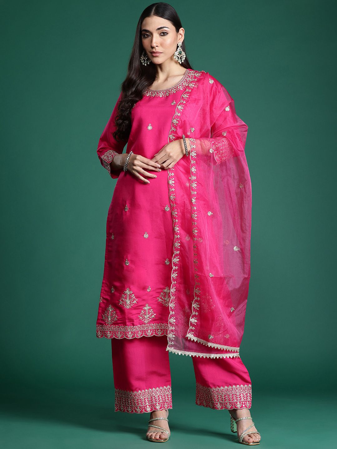 Indyancart IE Floral Embroidered Kurta with Trousers & With Dupatta