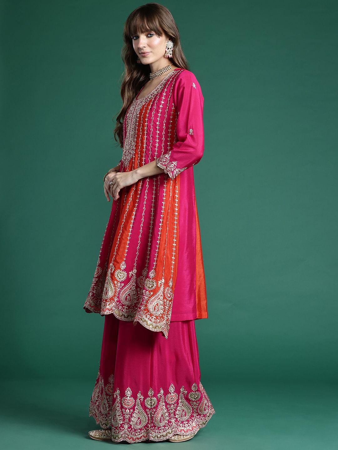 Ethnic Motifs Embroidered Regular Sequinned Kurta with Palazzos & Dupatta