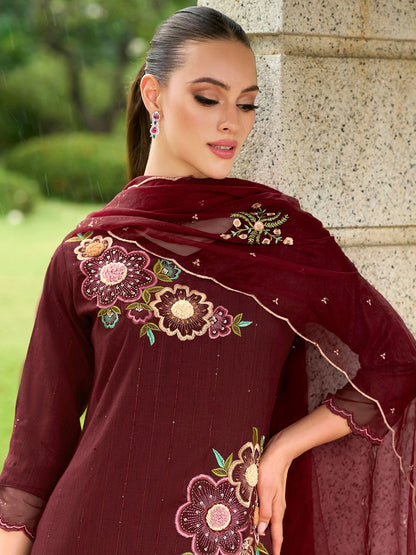 Maroon Floral Embroidered Thread Work Kurta with Trousers & Dupatta