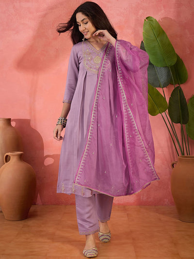 Indyancart SN Women's Embroidered Zari Sequence Kurta With Trousers & Dupatta
