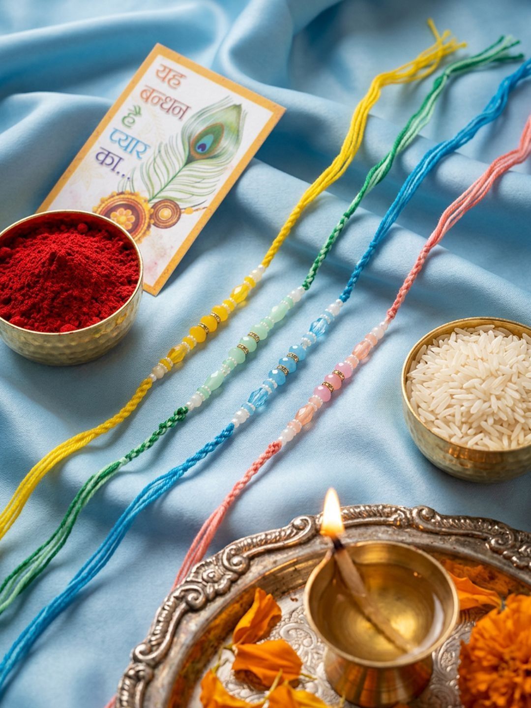 Anouk Set Of 4 Multicolor Artificial Beads Thread Rakhi With Roli Chawal Chandan Mishri