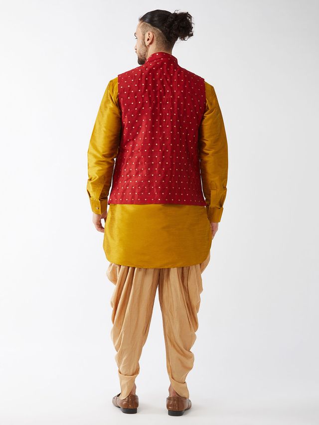 Men's Mustard Silk Blend Straight Jacket  Kurta and Dhoti Set