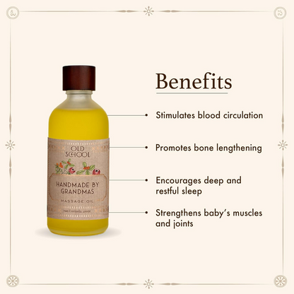 Old School Rituals handmade baby massage oil in a clear bottle, gentle formula for soothing infant skin.