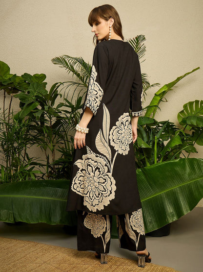 Dhiyona IE Women Black Floral Printed Pure Cotton Regular Sequinned Co-Ords