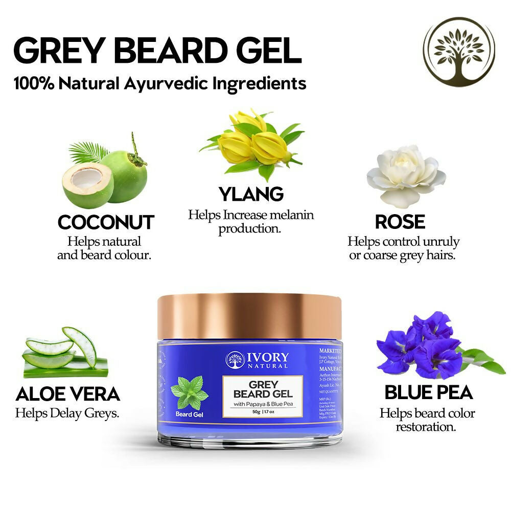 Ivory Natural beard gel in a jar, showing the cream texture and a well-groomed beard, designed to restore shine and vibrancy.