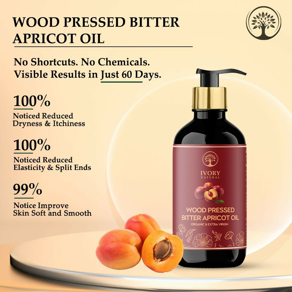 Ivory Natural organic pressed bitter apricot oil in a glass bottle, ideal for deep moisturization and nourishing hair.