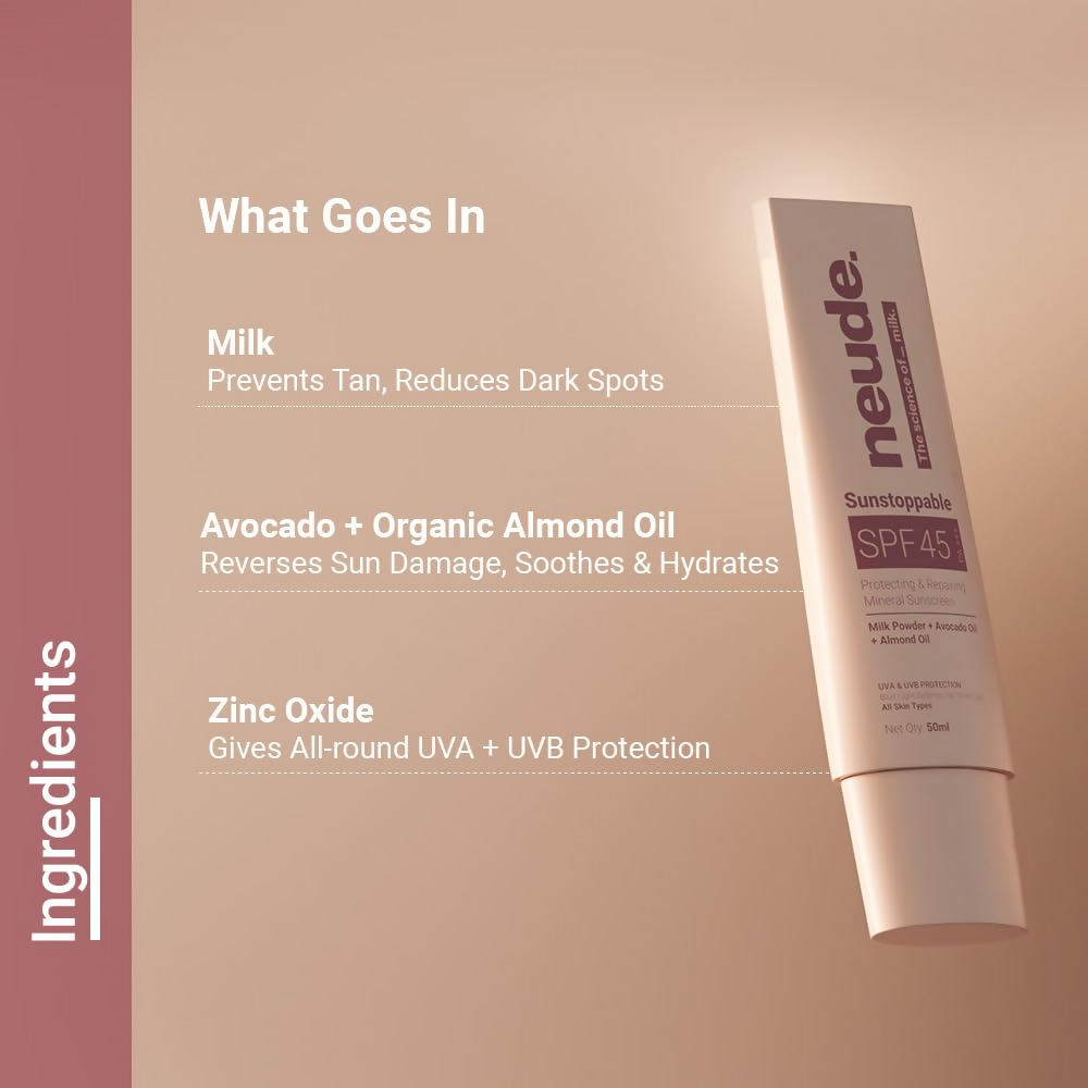 Neude Sunstoppable Sunscreen SPF 45 PA+++ for men and women, featuring no white cast, in a sleek bottle with pump dispenser.