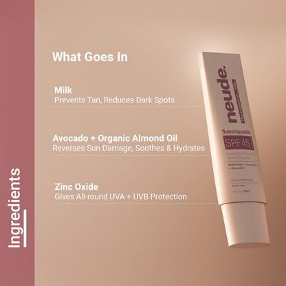 Neude Sunstoppable Sunscreen SPF 45 PA+++ for men and women, featuring no white cast, in a sleek bottle with pump dispenser.