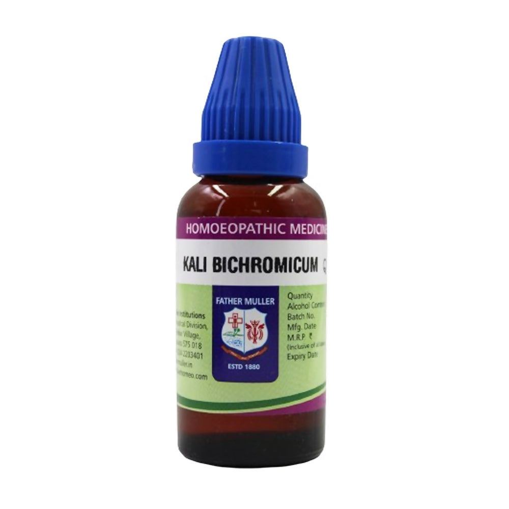 Father Muller Kalium Bichromicum mother tincture bottle, herbal medicine remedy in glass container on a white background.
