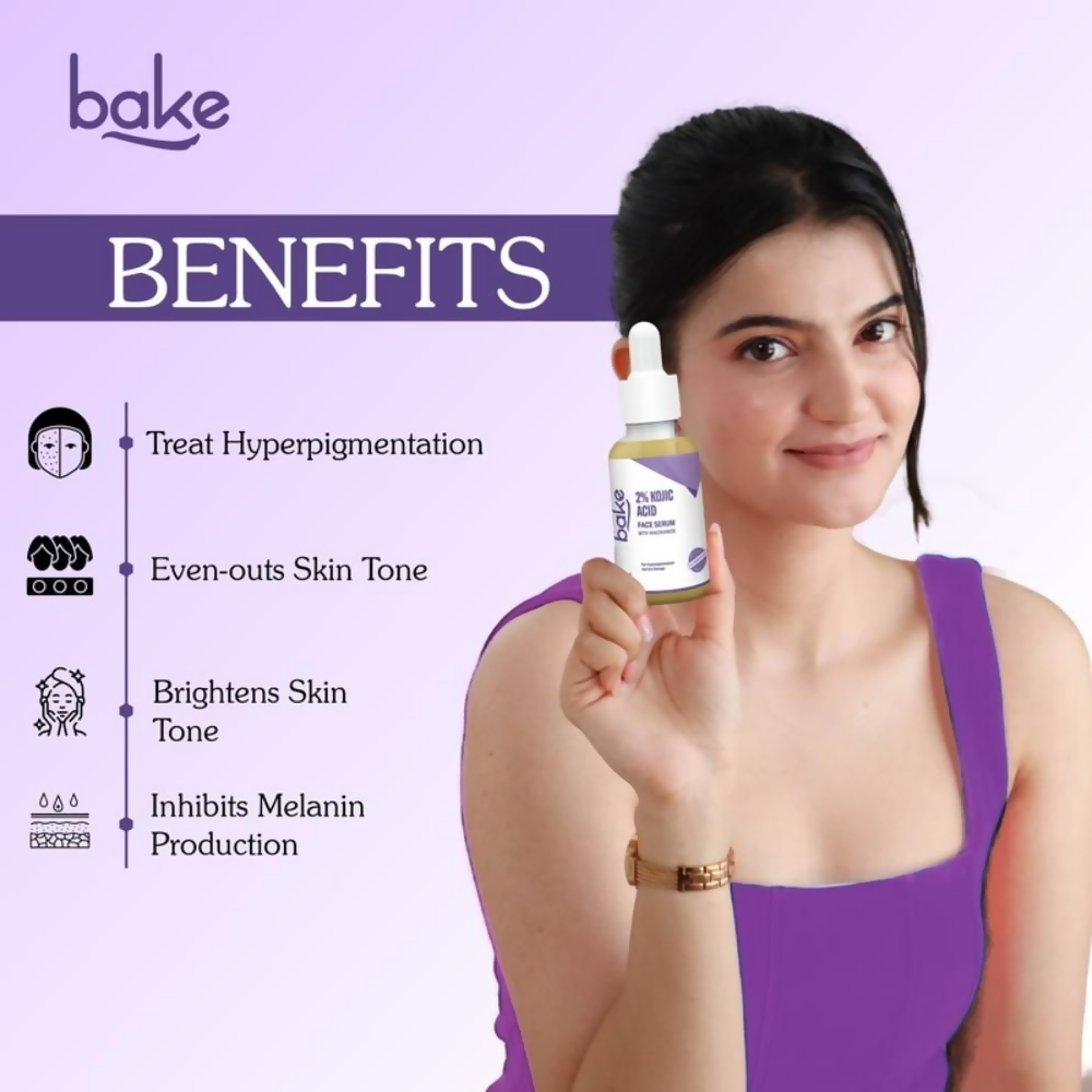 Bake 2% Kojic Acid and Niacinamide face serum in a sleek dropper bottle, designed for brightening and skin tone evenness.