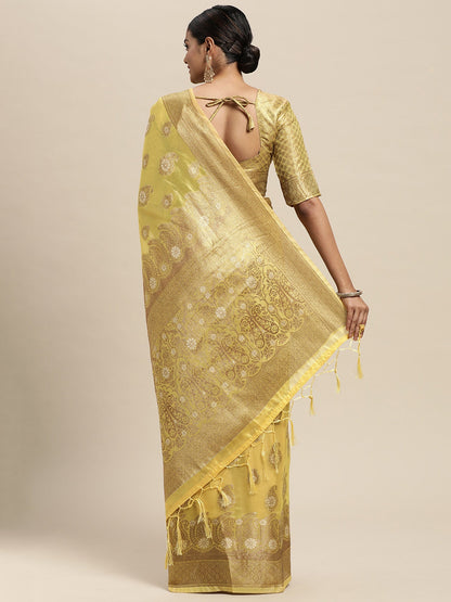 Women's Silk Blend Yellow Woven Design Woven saree With Blouse Piece