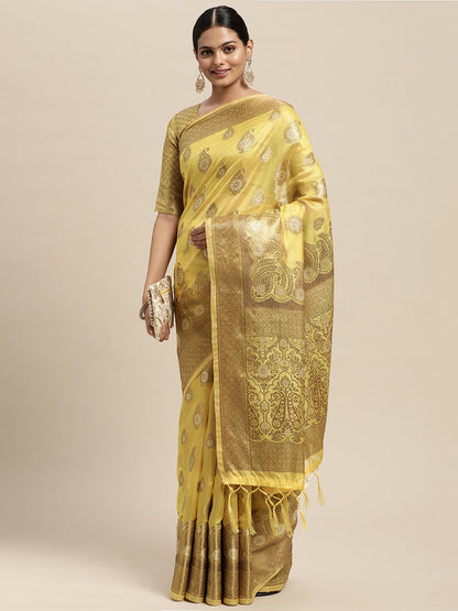 Women's Silk Blend Yellow Woven Design Woven saree With Blouse Piece