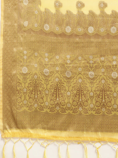 Women's Silk Blend Yellow Woven Design Woven saree With Blouse Piece