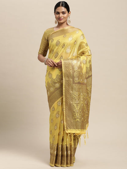 Women's Silk Blend Yellow Woven Design Woven saree With Blouse Piece
