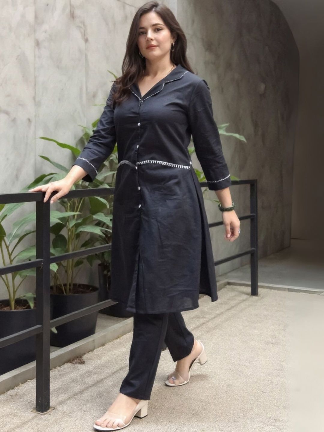 Women Lapel Collar Thread Work A-Line Pure Cotton Kurta With Trousers