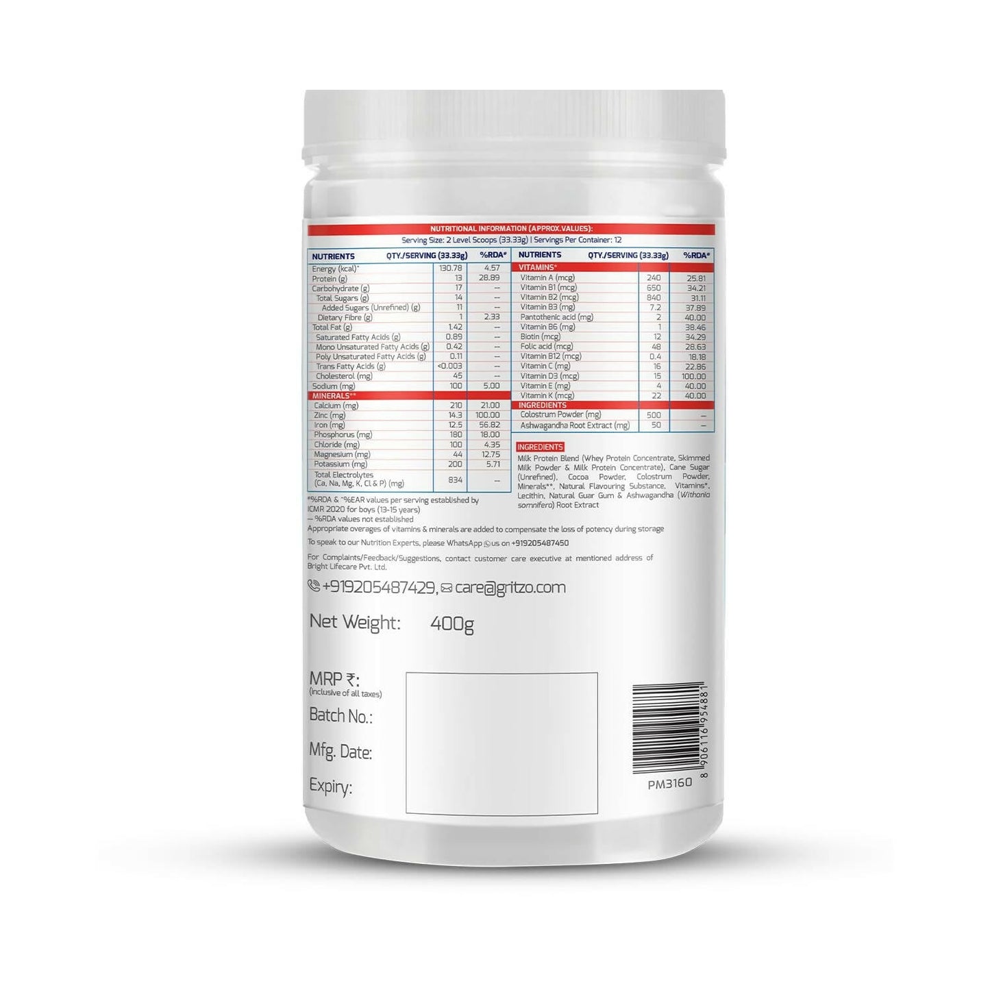 Gritzo Supermilk Height+ Health Drink For 13+Y Boys - Double Chocolate - Indyancart
