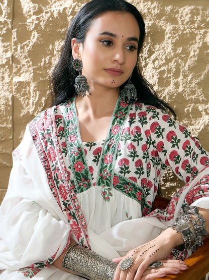Dhiyona IE Women Ethnic Motifs Printed Pure Cotton Kurta with Trousers & With Dupatta