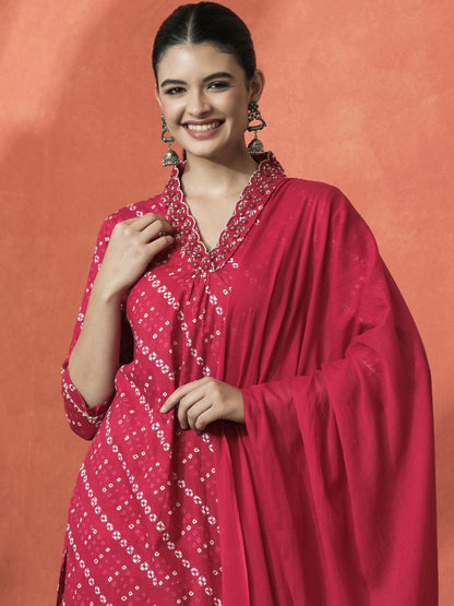 Indyancart SN Women's Bandhani Printed V-Neck Pleated Pure Cotton Straight Kurta With Trouser & Dupatta