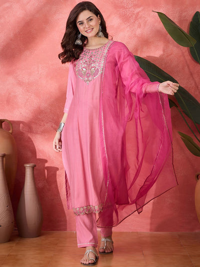 Indyancart SN Women's Zari Sequin & Mirror Work Embroidered Straight Kurta & Trousers With Dupatta