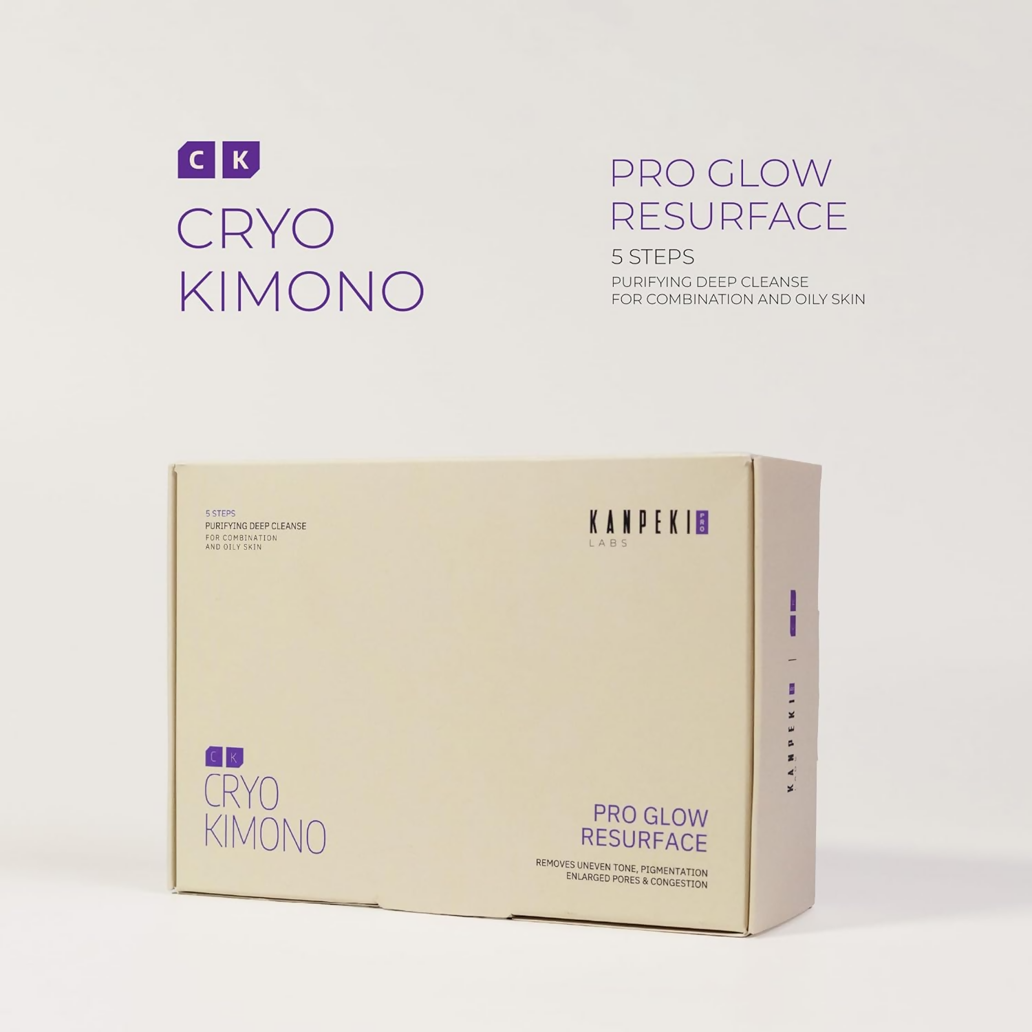 Kanpeki Pro Glow Resurface 5-step facial kit with skincare products and tools for brightening and skin renewal.