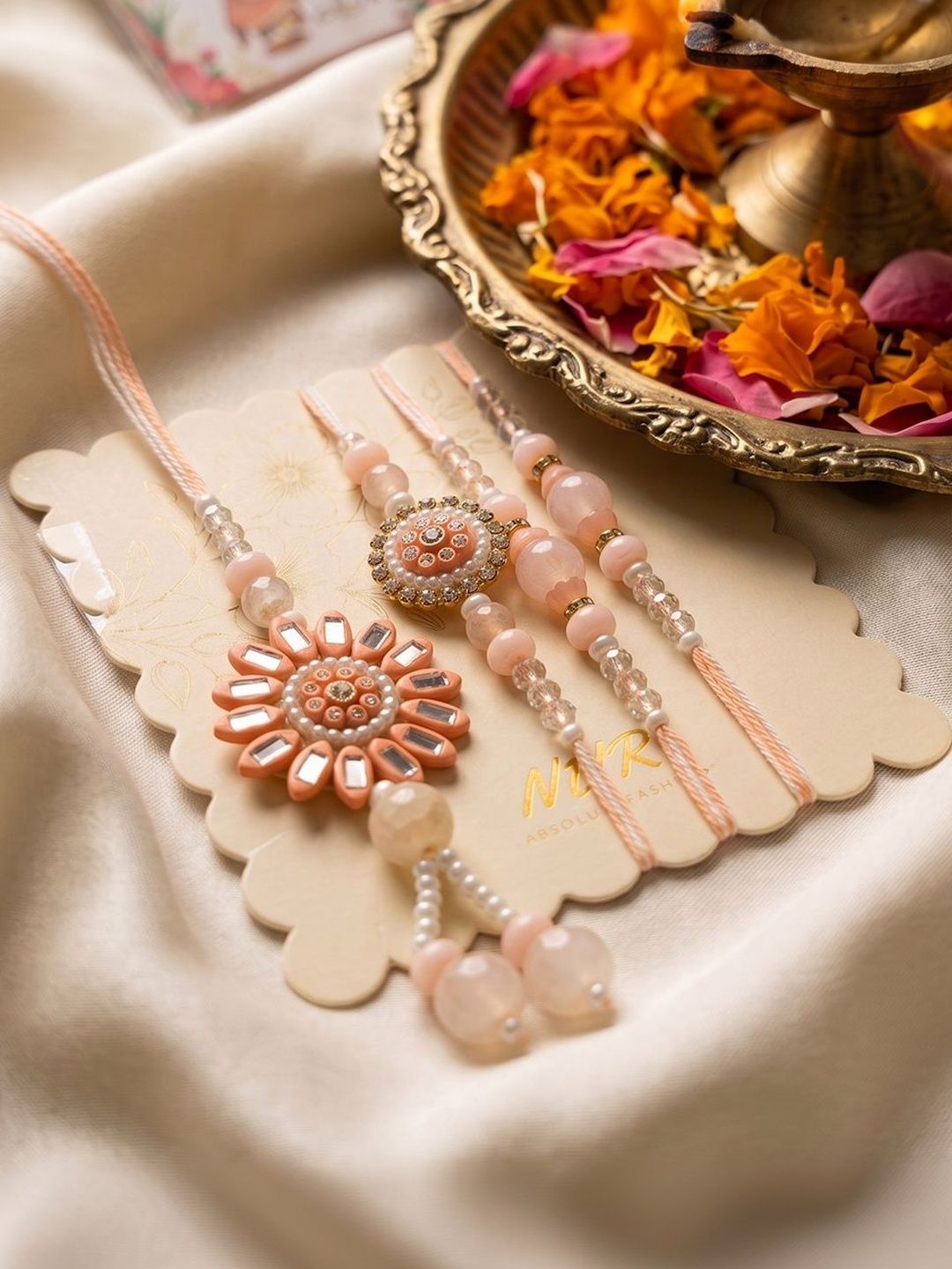Anouk Set Of 4 Beaded Family Pack Thread Rakhi With Roli Chawal Chandan Mishri