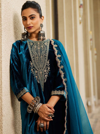 Dhiyona IE Women Ethnic Motifs Embroidered Regular Velvet Kurta with Trousers & Dupatta