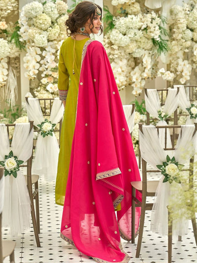Indyancart IE Motifs Yoke Design Notch Neck Sequinned Anarkali Kurta & Trousers With Dupatta