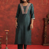 Indyancart IE Floral Yoke Design Thread Work Square Neck Straight Kurta With Trousers