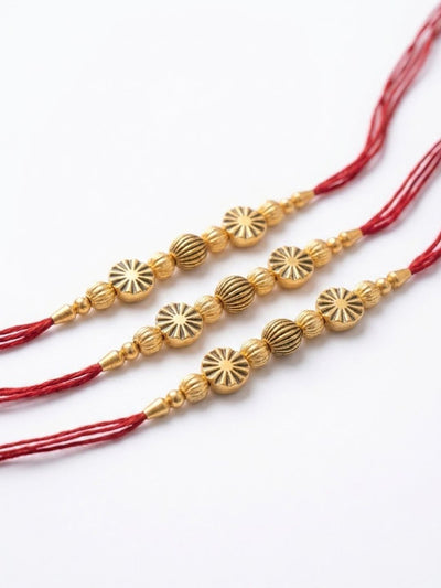 Dhiyona Set Of 3 Red & Gold Toned Artificial Stones & Beads Thread Rakhi With Roli Chawal