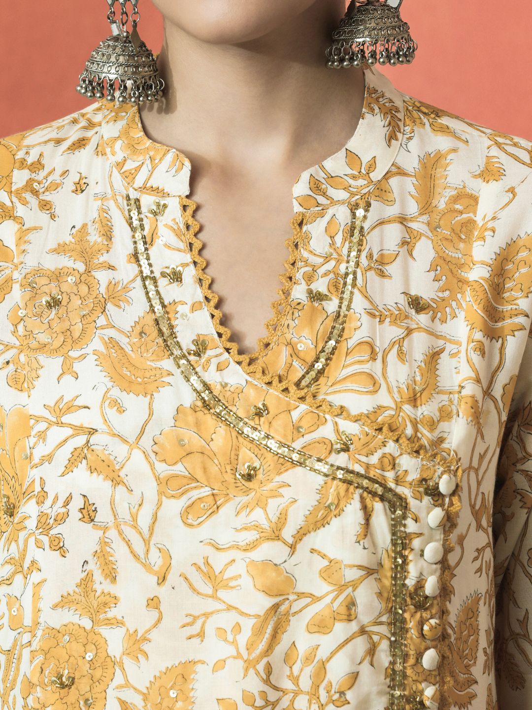 Indyancart SN Women's Floral Printed Mandarin Collar Pure Cotton A-Line Kurta With Trouser & Dupatta