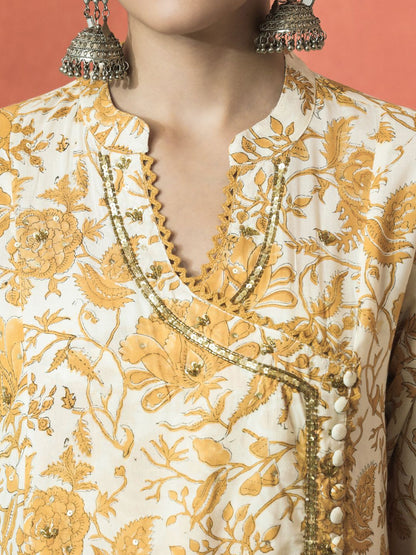 Indyancart SN Women's Floral Printed Mandarin Collar Pure Cotton A-Line Kurta With Trouser & Dupatta