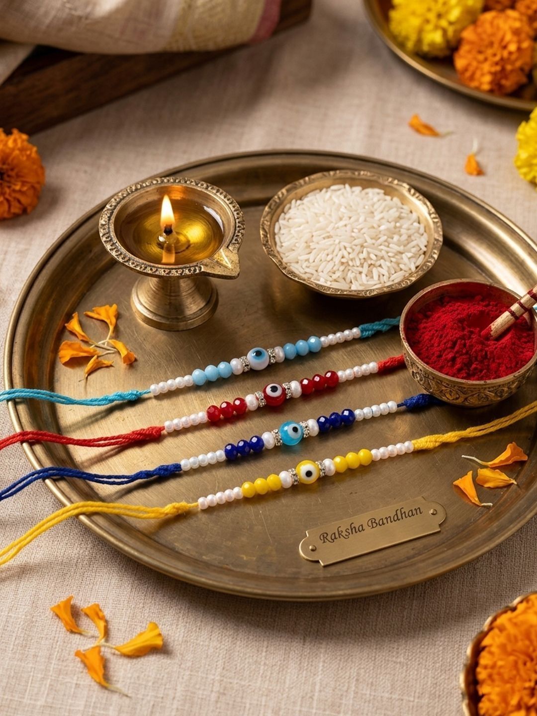 Anouk Set Of 4 Multicolor Evil Eye Thread Rakhi With Roli Chawal Chandan Mishri