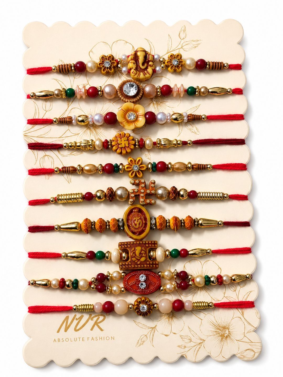 Anouk Set Of 10 Artificial Stones & Beads Thread Rakhi With Roli Chawal Chandan Mishri