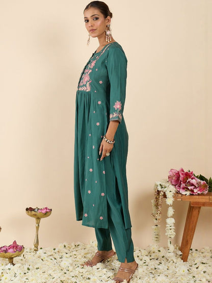 Indyancart IE Embroidered Round Neck Three-Quarter Sleeves Tunic And Trousers