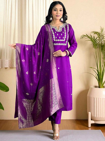 Indyancart SN Women's Embroidered Pure Cotton Kurta & Trousers With Dupatta