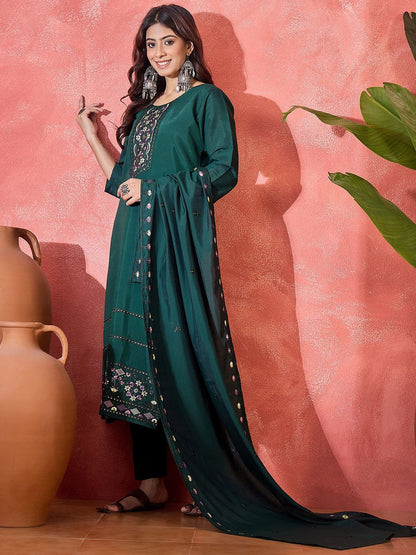 Dhiyona SN Women's Floral Embroidered Thread Work Pure Silk Straight Kurta & Trousers With Dupatta