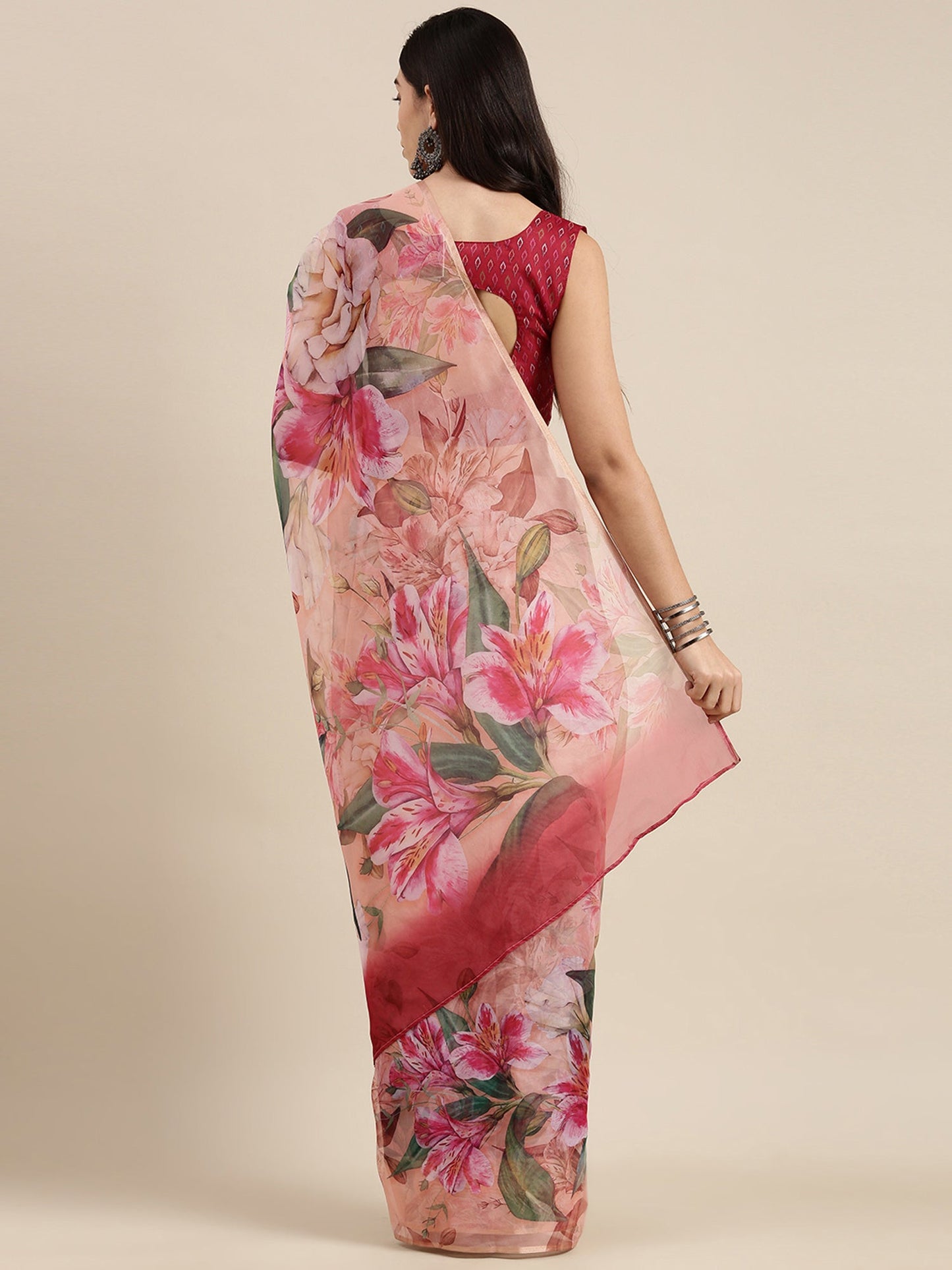 Women's Organza Peach Digital Print Celebrity Saree With Blouse Piece