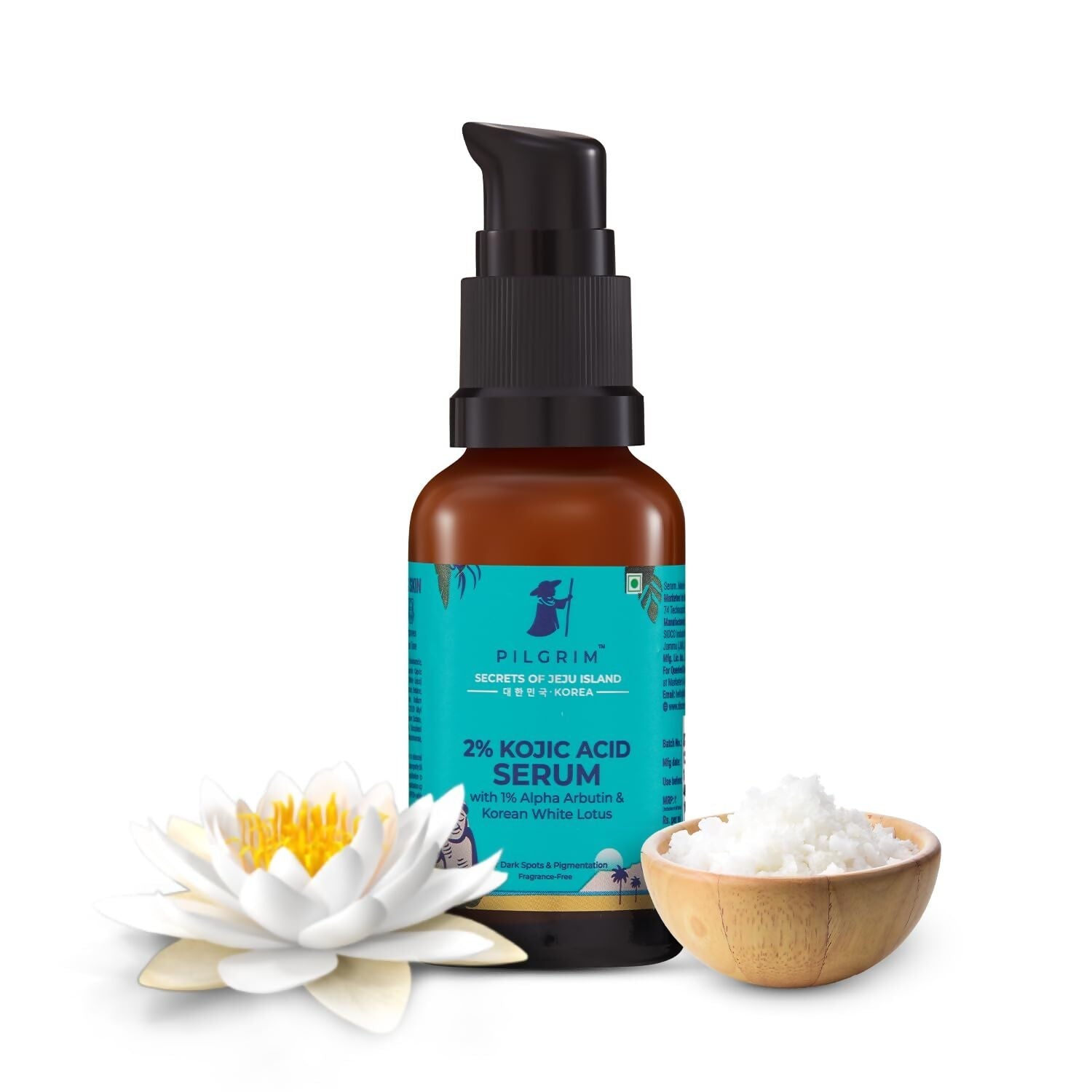 Pilgrim 2% Kojic Acid Serum with Arbutin and Korean White Lotus for acne and dark spots, in a clear serum bottle.