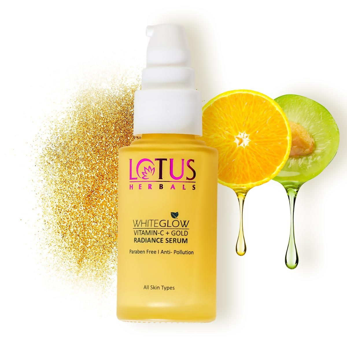 Lotus Herbals WhiteGlow Vitamin C and Gold Radiance face serum in a clear glass bottle with dropper applicator.