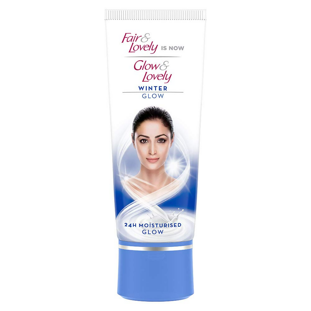 Glow & Lovely Winter Glow face cream jar with white and pink packaging, showcasing smooth cream inside and winter-themed design.