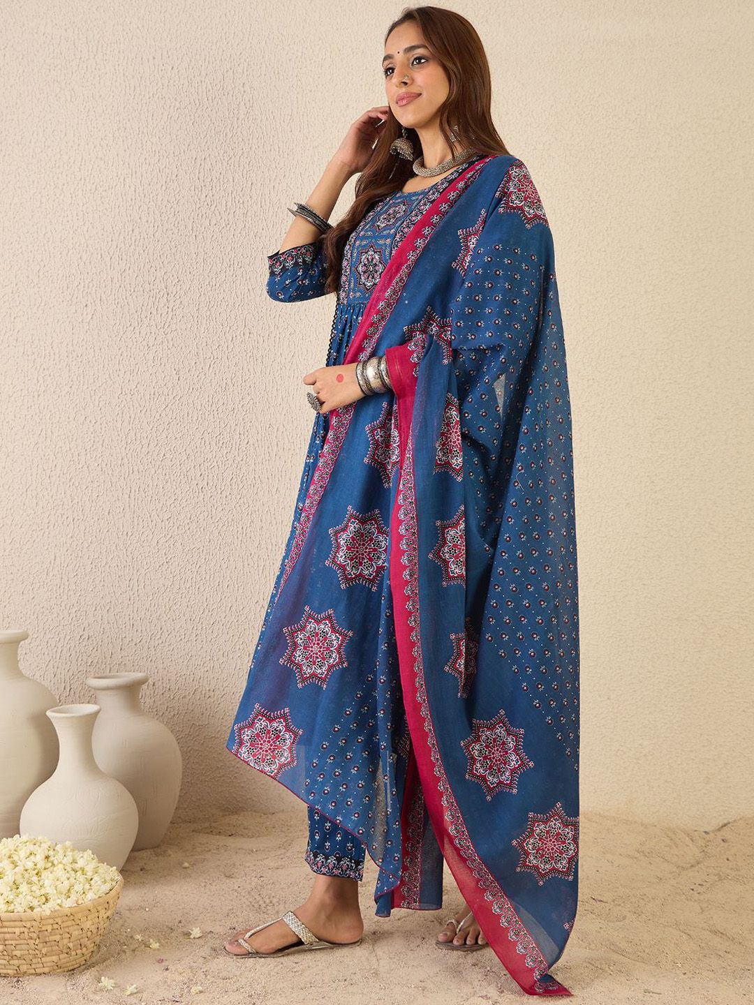 Indyancart IE Ethnic Motifs Printed Round Neck A line Pure Cotton Kurta with Trousers & Dupatta