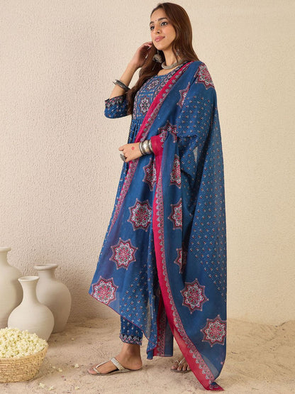 Indyancart IE Ethnic Motifs Printed Round Neck A line Pure Cotton Kurta with Trousers & Dupatta