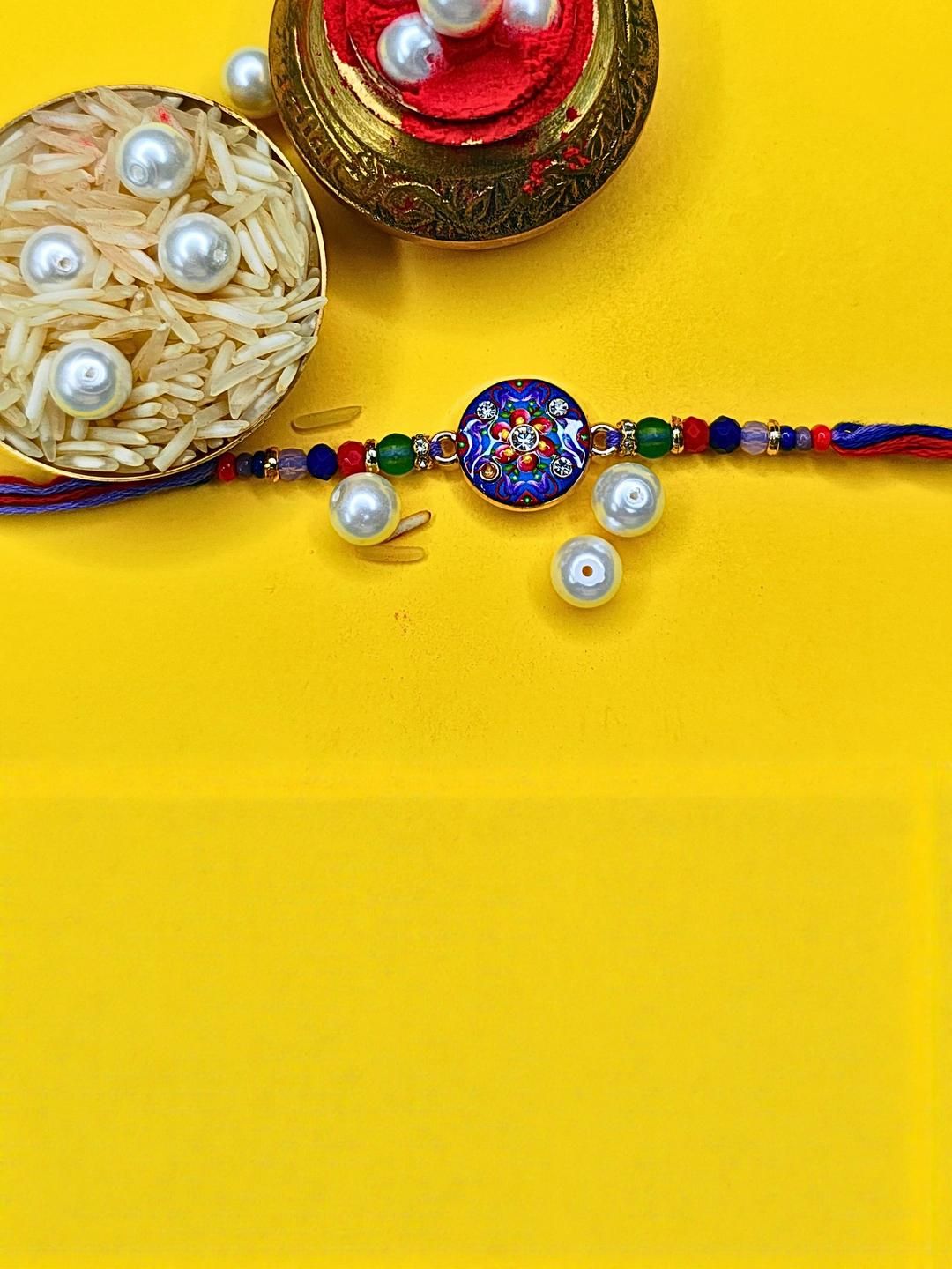 Anouk Set Of 6 Beaded Cotton Thread with AD Stones & Meenakari Designer Rakhi for Brother
