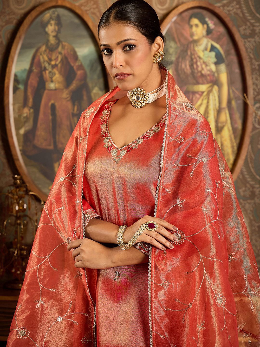 Floral Embroidered V-Neck Regular Liva Kurta With Trouser With Dupatta