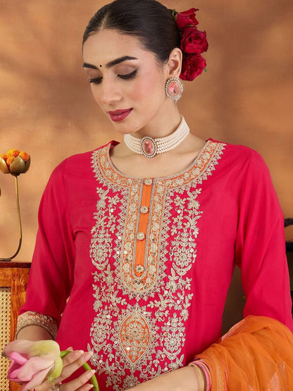 Women Ethnic Motifs Embroidered Regular Sequinned Kurta with Trousers & With Dupatta