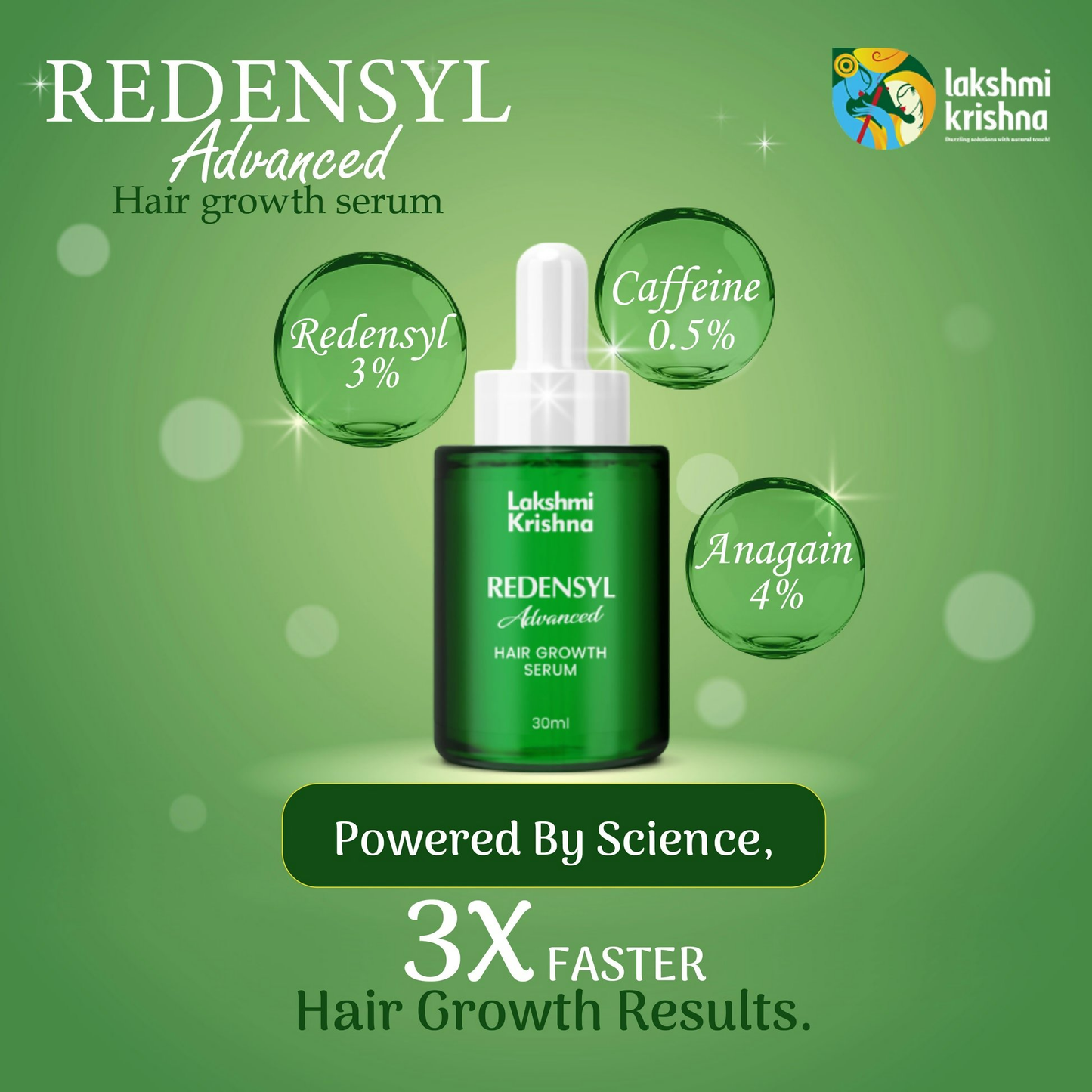 Lakshmi Krishna Naturals Redensyl Hair Serum bottle with dropper for advanced hair growth and scalp nourishment.