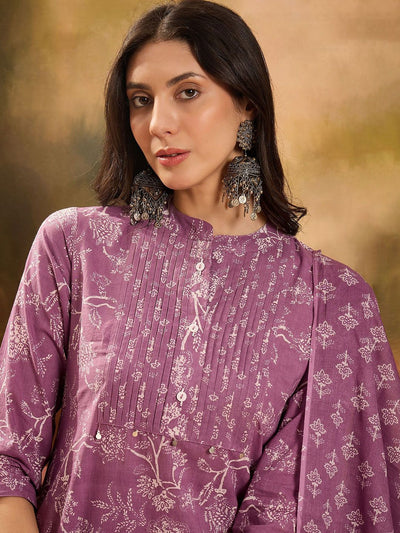 Indyancart SN Women's Printed Pure Cotton Straight Kurta & Trousers With Dupatta